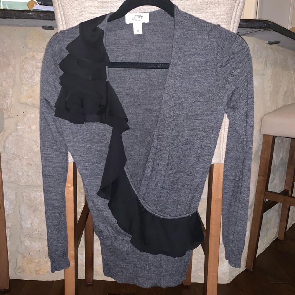 Loft gray cardigan with black frill down side